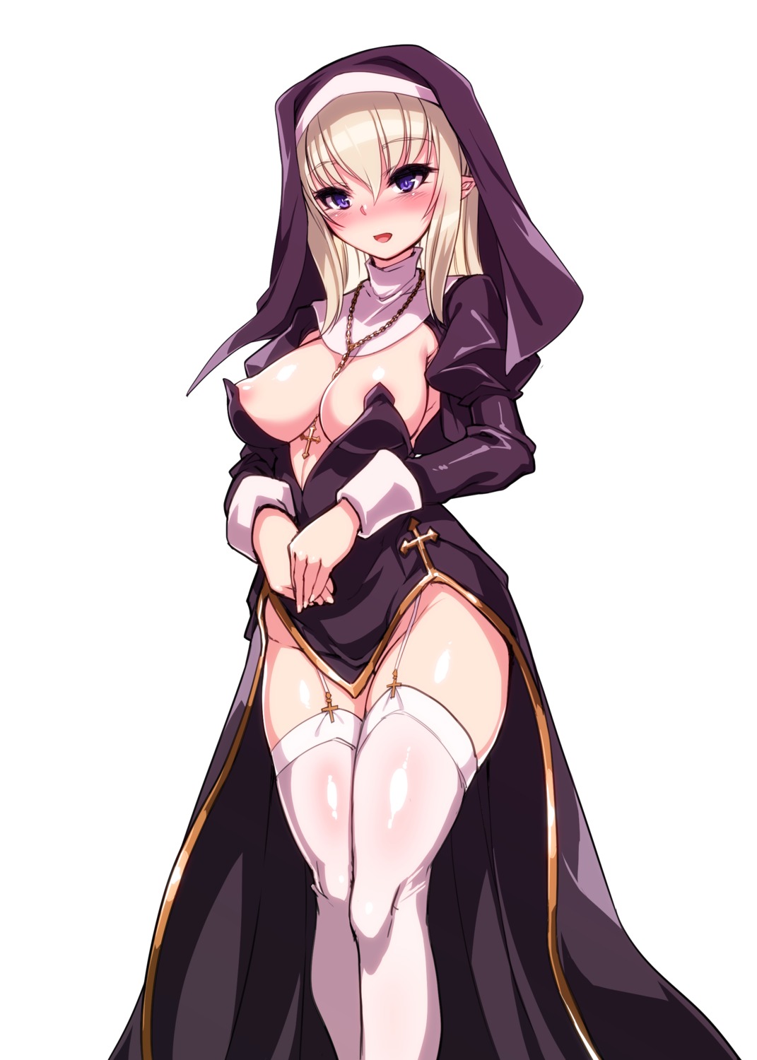 areola cleavage harigane_shinshi no_bra nopan nun stockings thighhighs