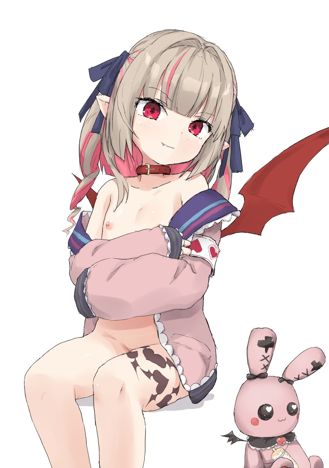 bottomless loli makaino_ririmu nijisanji nijisanji_gamers nipples no_bra open_shirt pointy_ears tattoo wings yakihebi