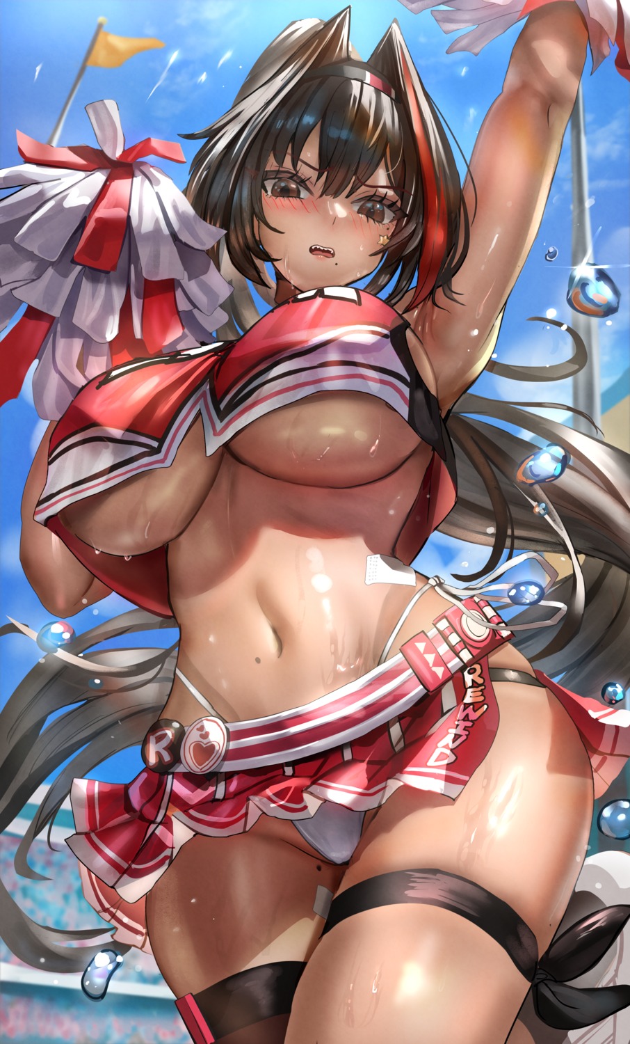 bay cheerleader garter goddess_of_victory:_nikke himoata no_bra pantsu skirt_lift string_panties tattoo thighhighs thong wet