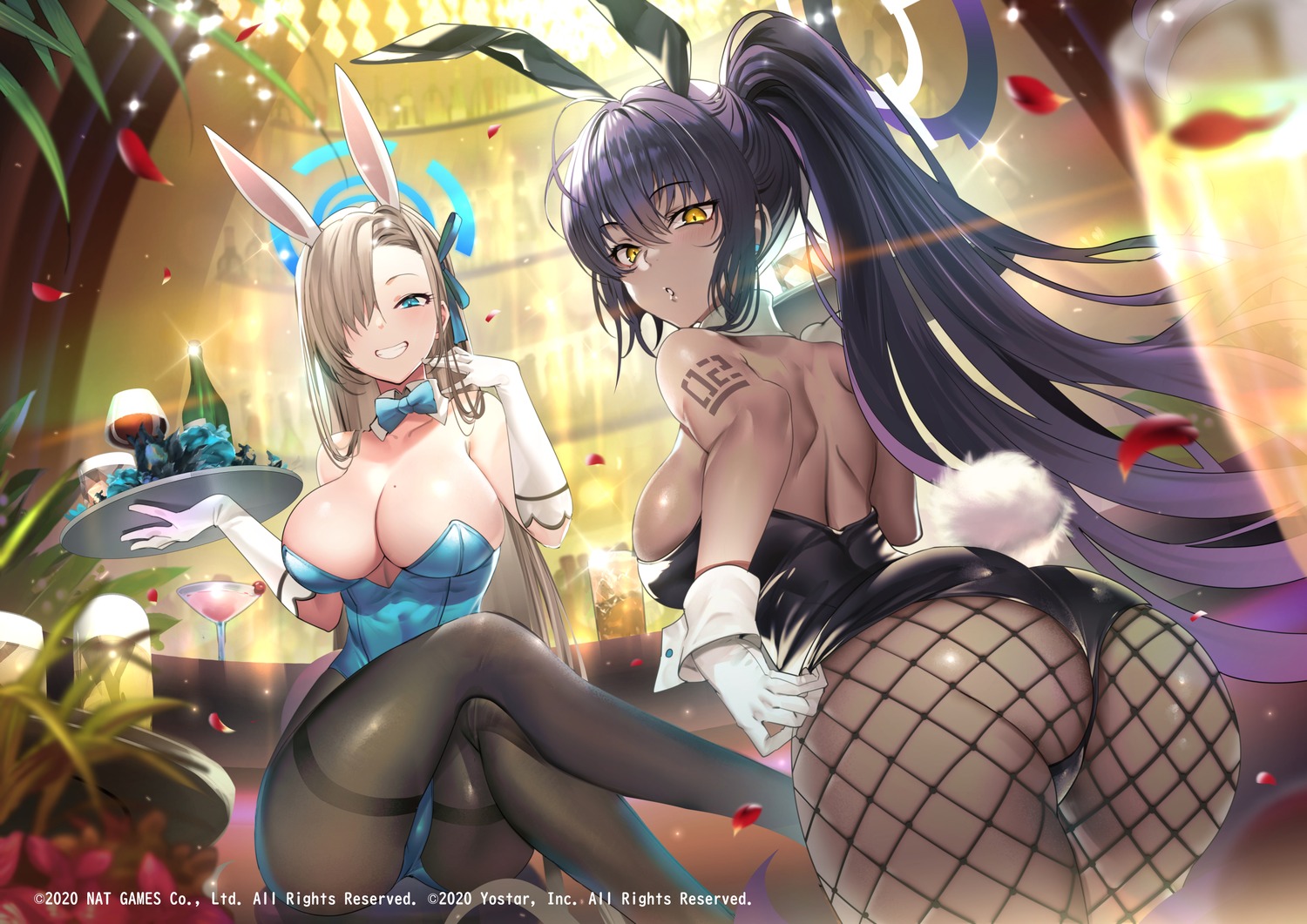 animal_ears ass blue_archive bunny_ears bunny_girl fishnets halo ichinose_asuna kakudate_karin no_bra pantyhose tail tattoo teddy_(khanshin) waitress