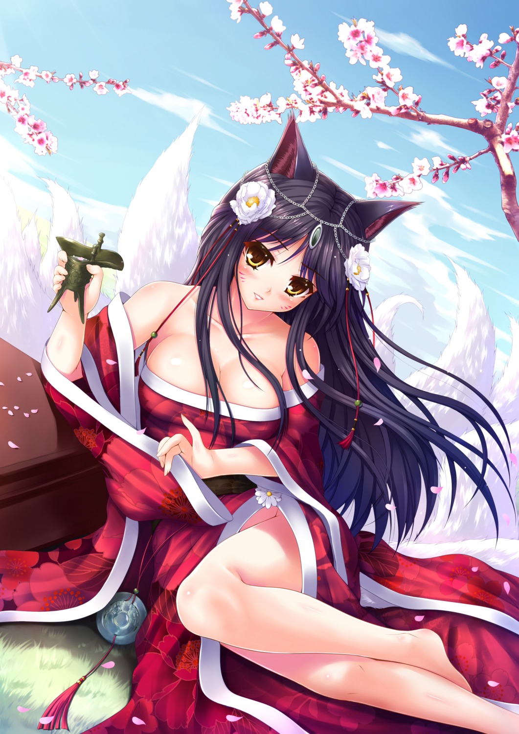 ahri animal_ears cleavage japanese_clothes league_of_legends no_bra nopan sui_sui_baihu_jiu_wei_pang_pang tail