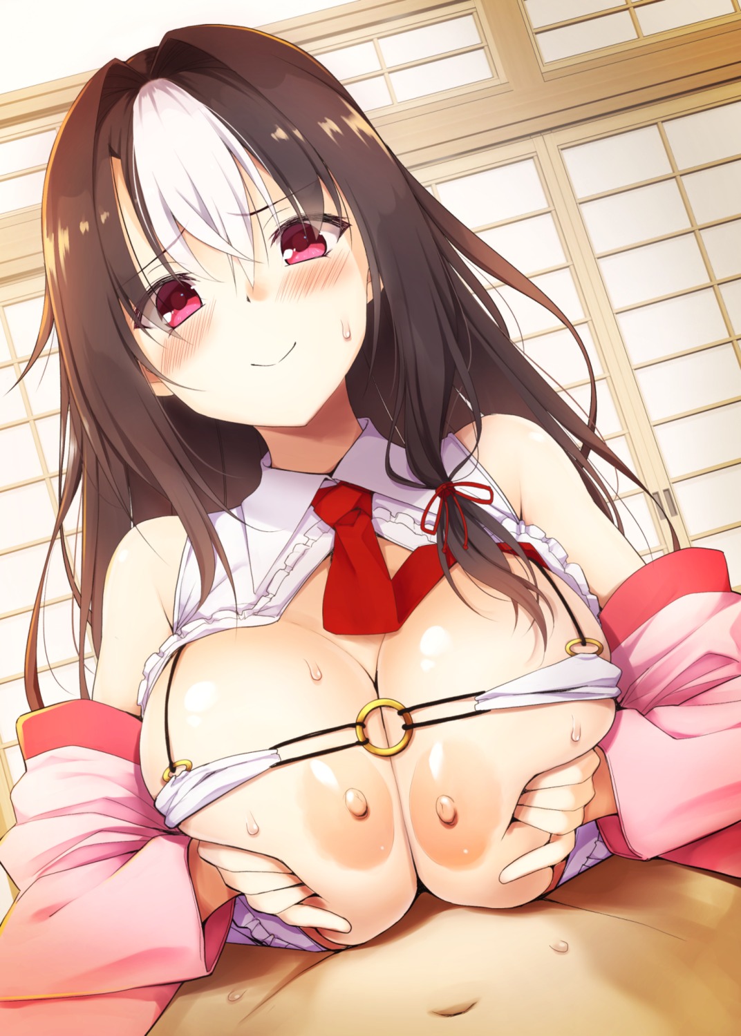 bra breast_hold breasts kurikara nipples open_shirt paizuri