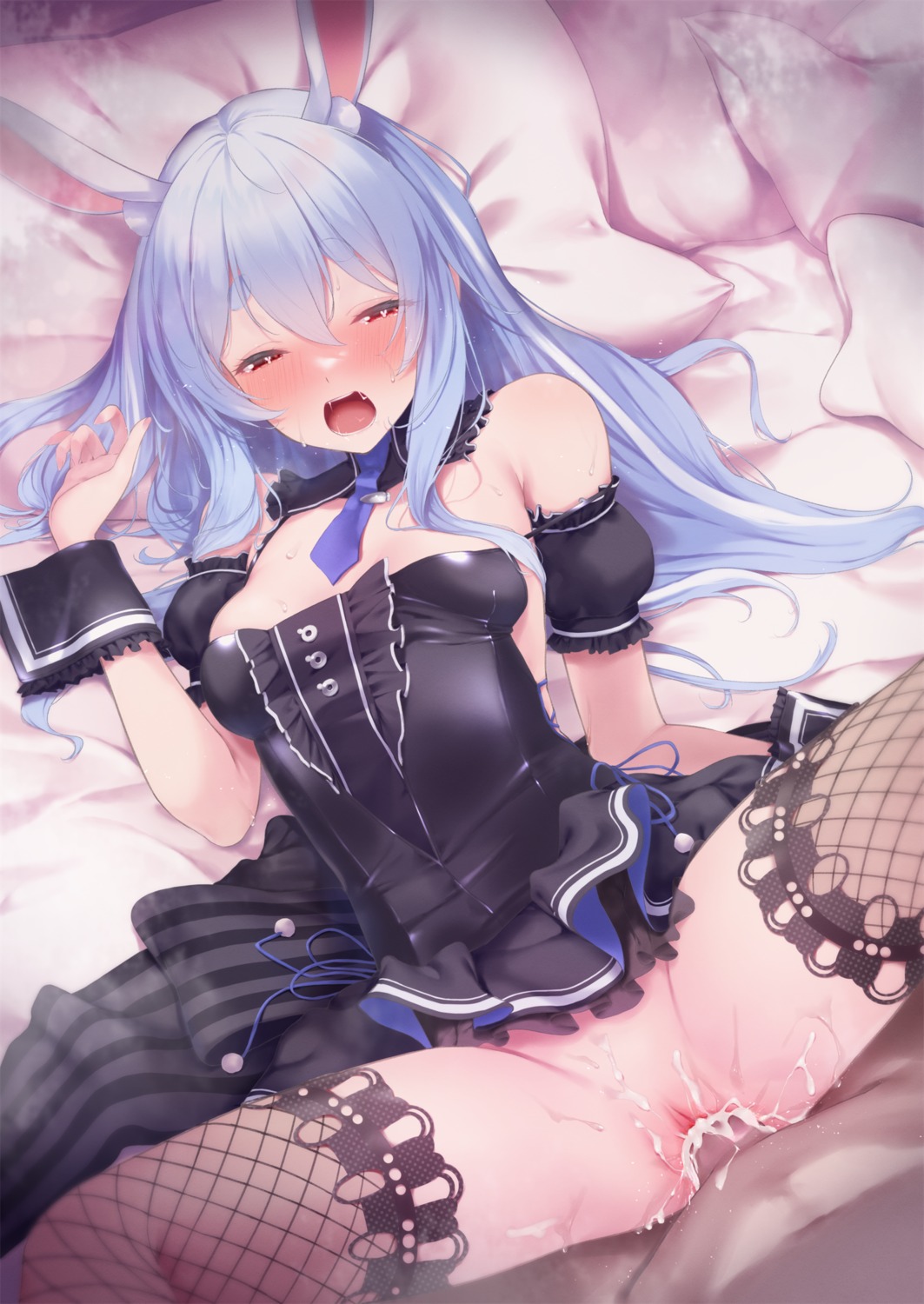 animal_ears bunny_ears cum dress fishnets hololive ichi-go no_bra nopan penis photoshop pussy pussy_juice sex skirt_lift thighhighs uncensored usada_pekora