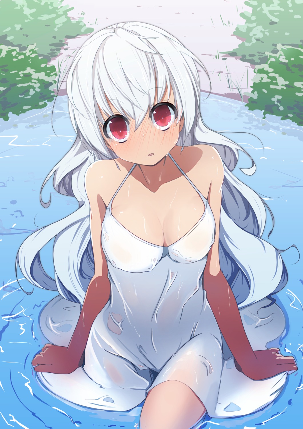 cleavage dress pon_(shind_997) see_through summer_dress wet wet_clothes
