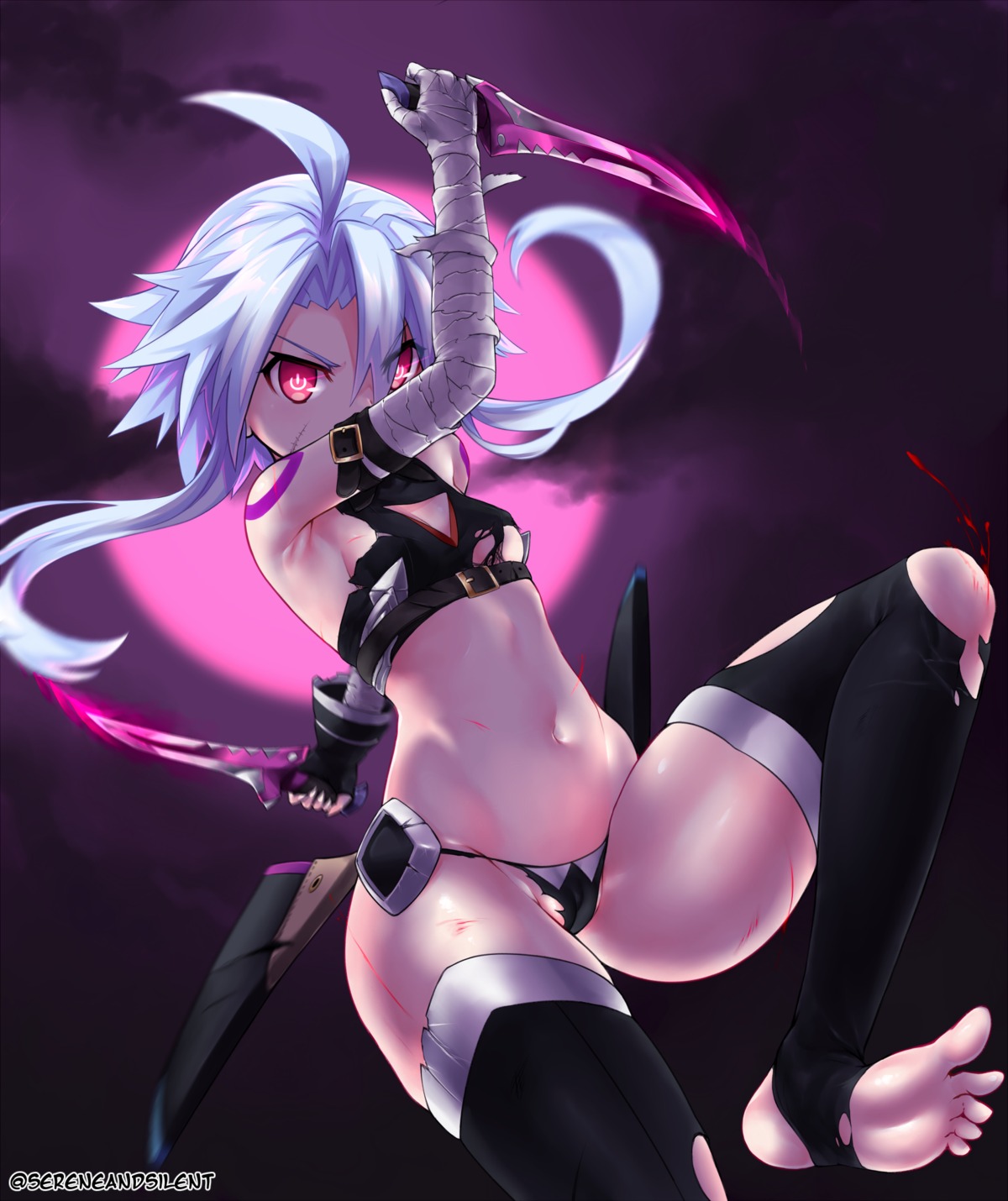 bandages blanc blood cameltoe choujigen_game_neptune fate/grand_order feet jack_the_ripper no_bra pantsu sereneandsilent tattoo thighhighs torn_clothes weapon