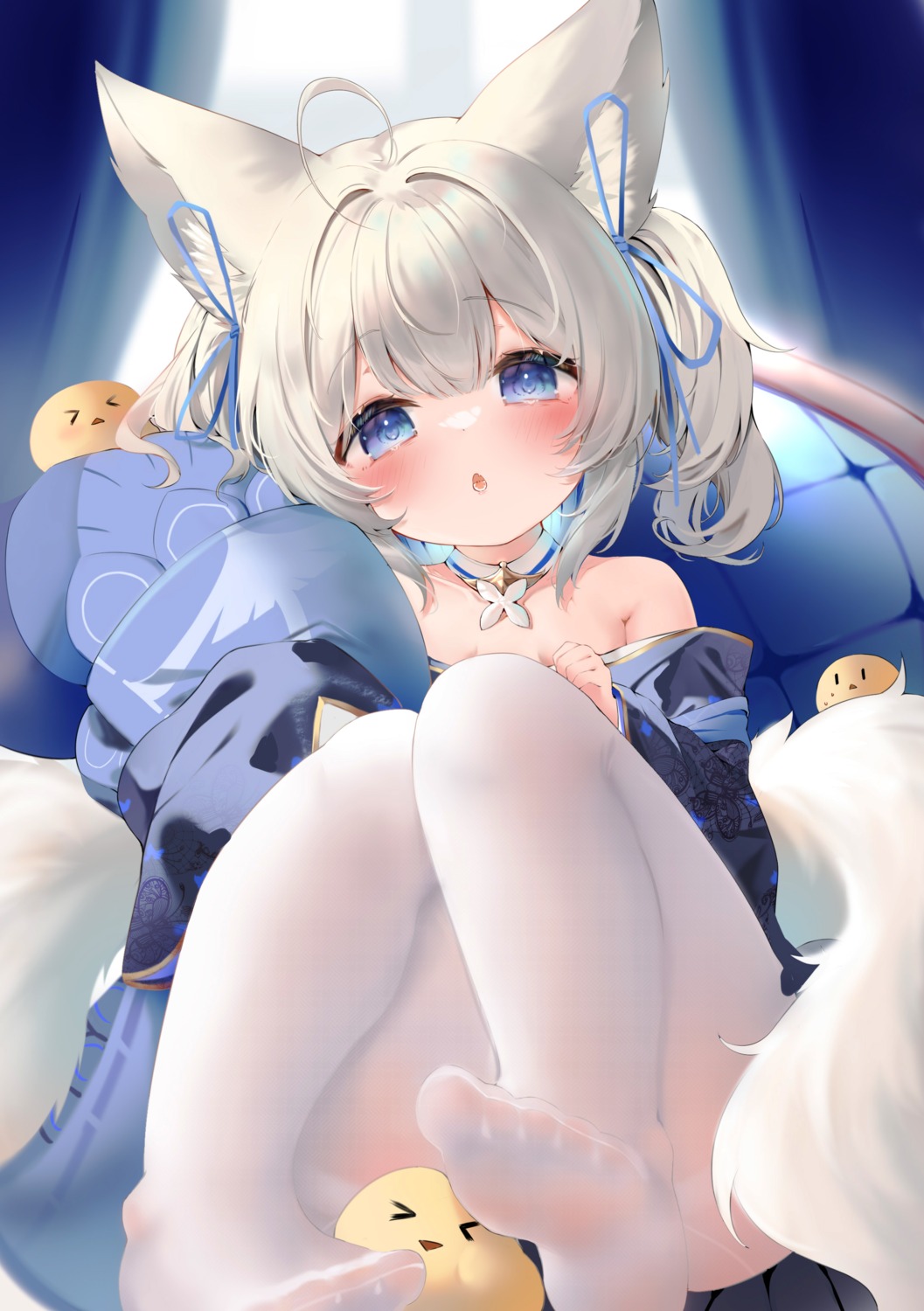 animal_ears azur_lane japanese_clothes kitsune loli manjuu_(azur_lane) no_bra nowa_(13776838) open_shirt pantyhose shinano-chan_(azur_lane) shinano_(azur_lane) tail