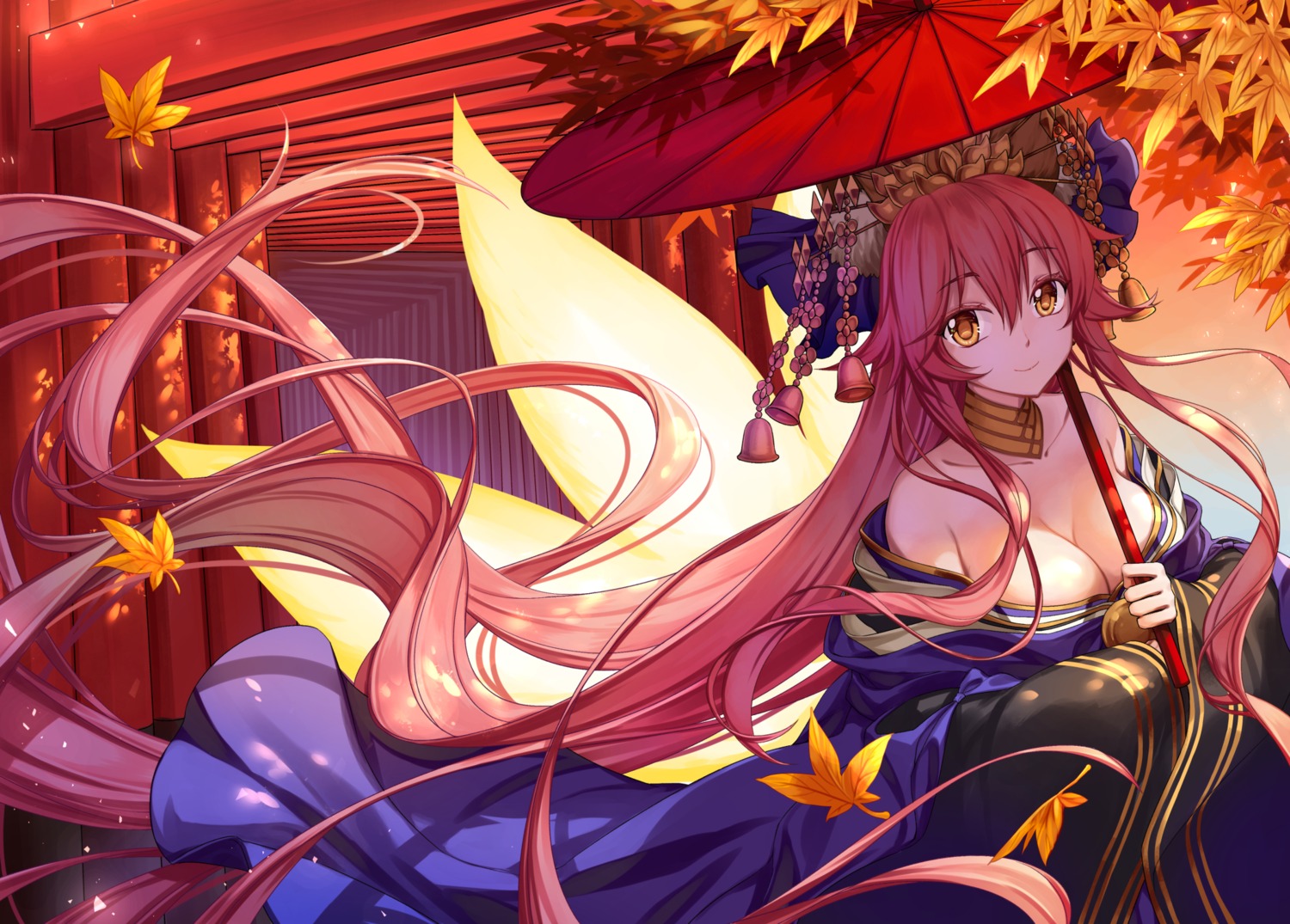 animal_ears cleavage fate/extra fate/stay_night japanese_clothes jh kitsune open_shirt tail tamamo_no_mae