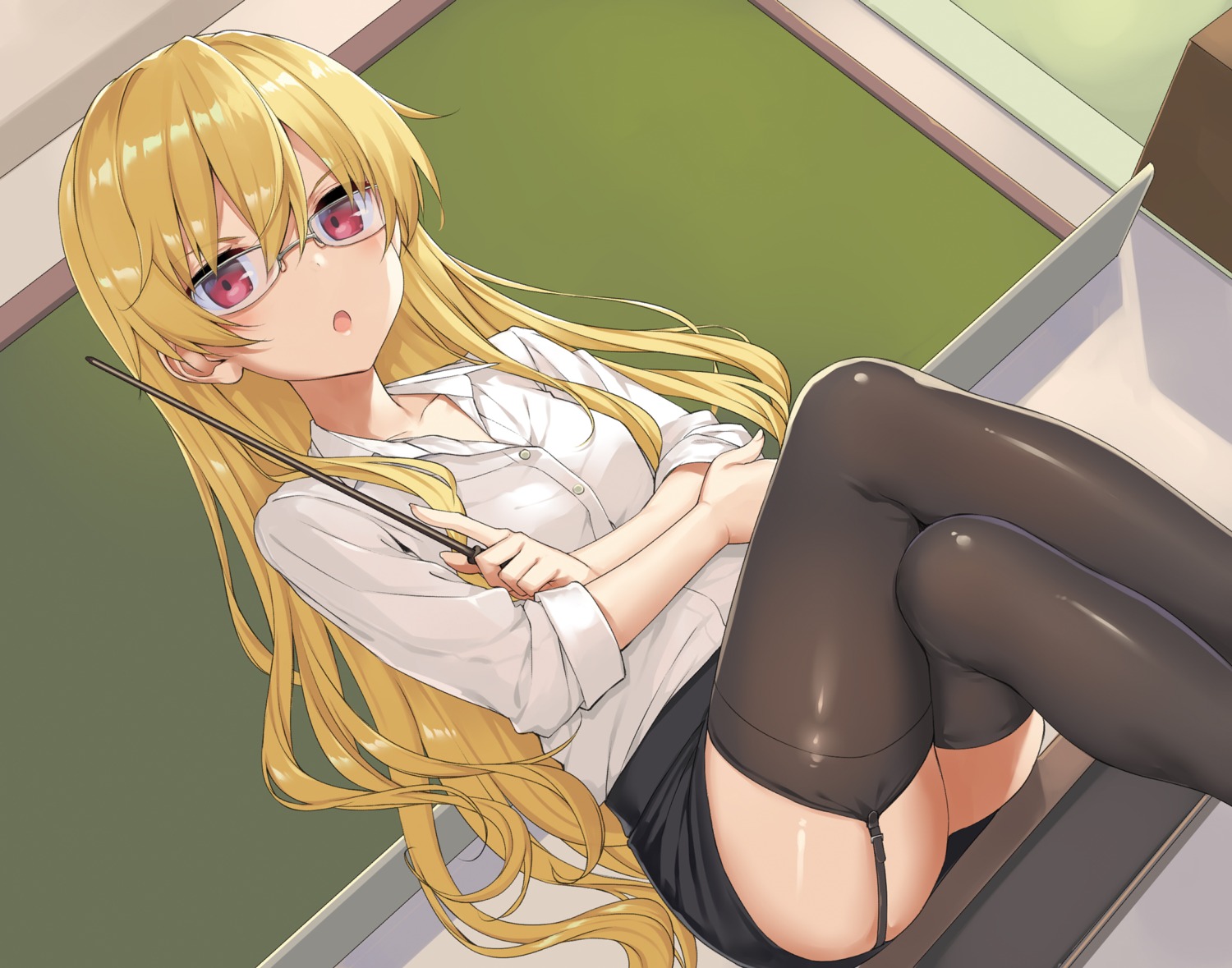 arifureta_shokugyou_de_sekai_saikyou dress_shirt megane skirt_lift stockings takayaki thighhighs yue_(arifureta)