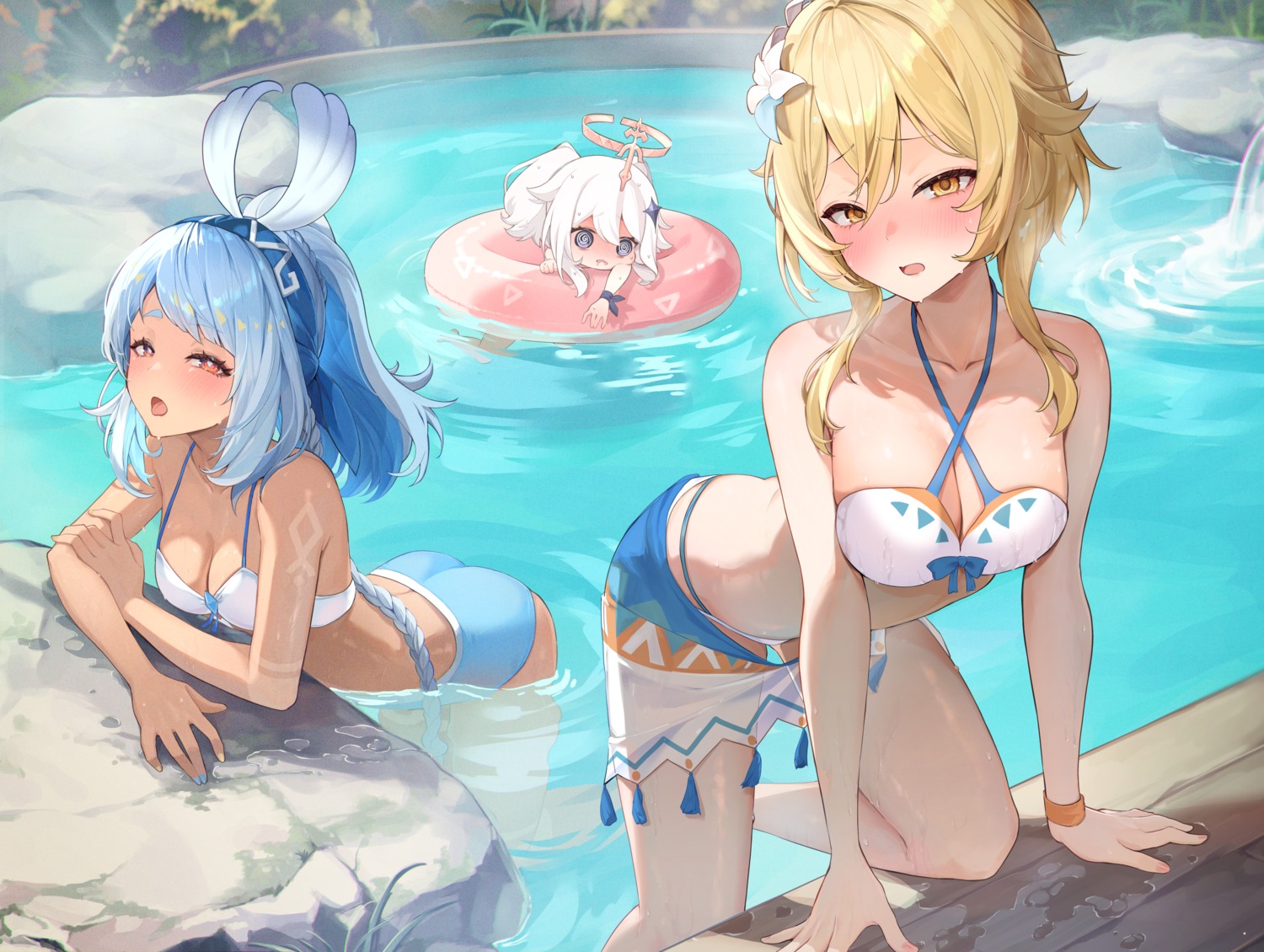 bikini genshin_impact lumine mualani onsen paimon pi_tayuko see_through swimsuits tattoo wet wet_clothes