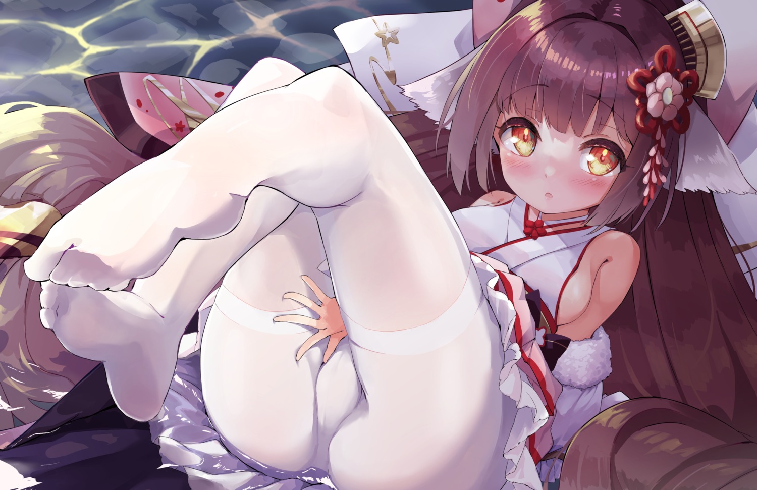 animal_ears azur_lane feet harutsuki_(azur_lane) japanese_clothes no_bra nyahu_(nyahu_77) pantyhose skirt_lift wet