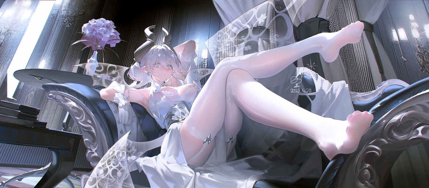 dress feet horns labrynth_of_the_silver_castle no_bra pointy_ears ribao stockings thighhighs yugioh