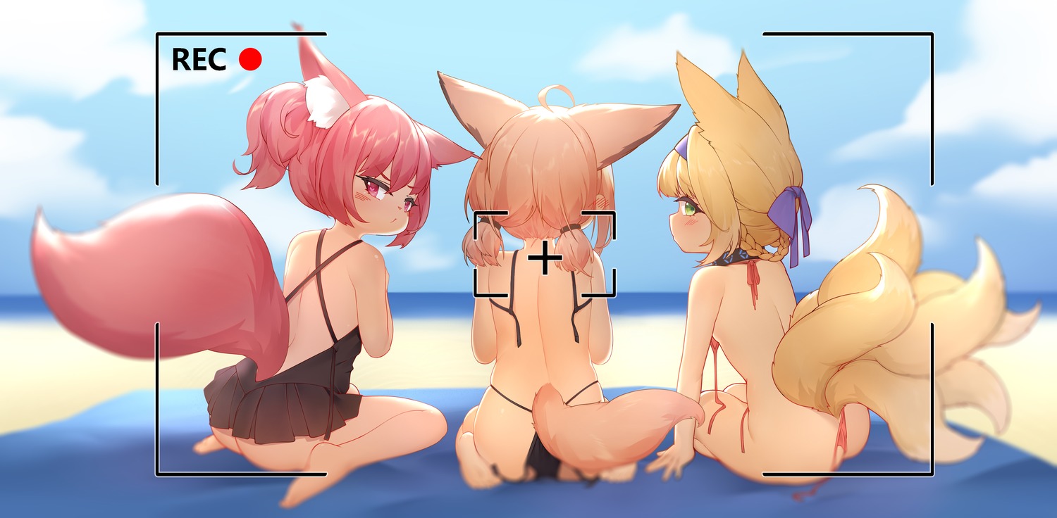 animal_ears arknights ass bikini kitsune loli shamare_(arknights) sussurro_(arknights) suzuran_(arknights) swimsuits tail tankcay