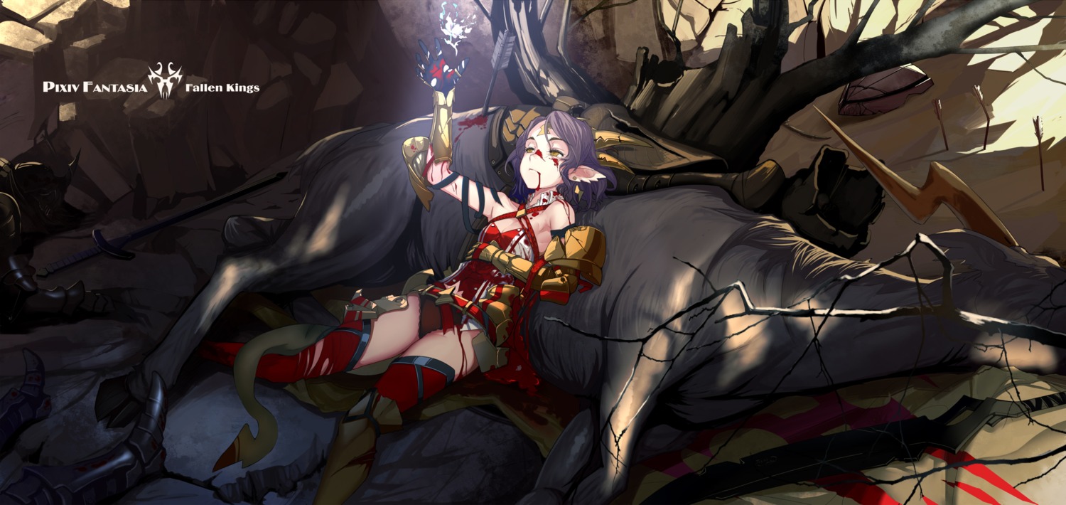 armor blood horns pantsu pixiv_fantasia pixiv_fantasia_fallen_kings pointy_ears realmbw sword thighhighs torn_clothes