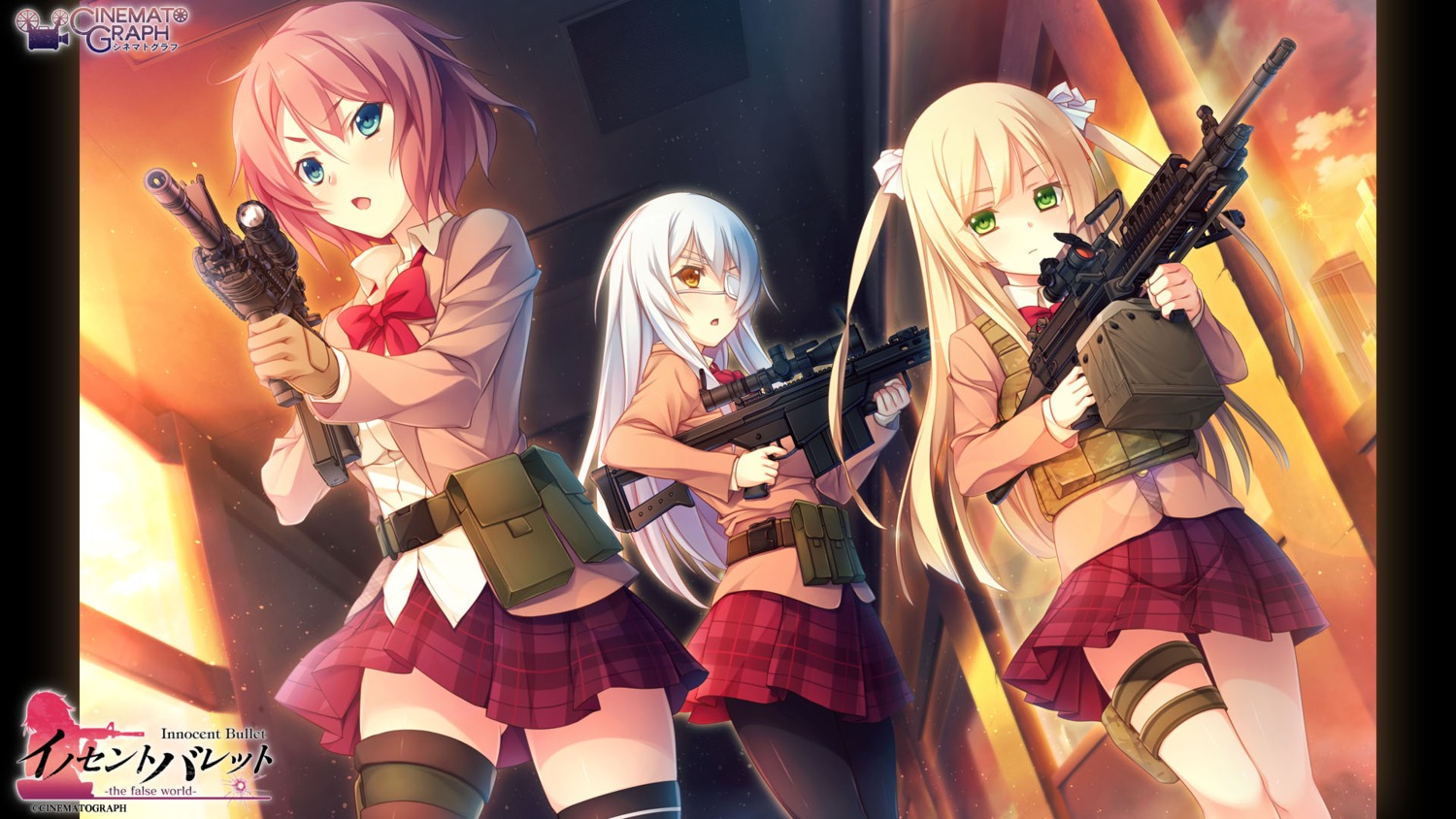 cinematograph eyepatch gun innocent_bullet kanzaki_sayaka miyasu_sanae oosaki_shinya pantyhose seifuku thighhighs wallpaper yasouji_ai