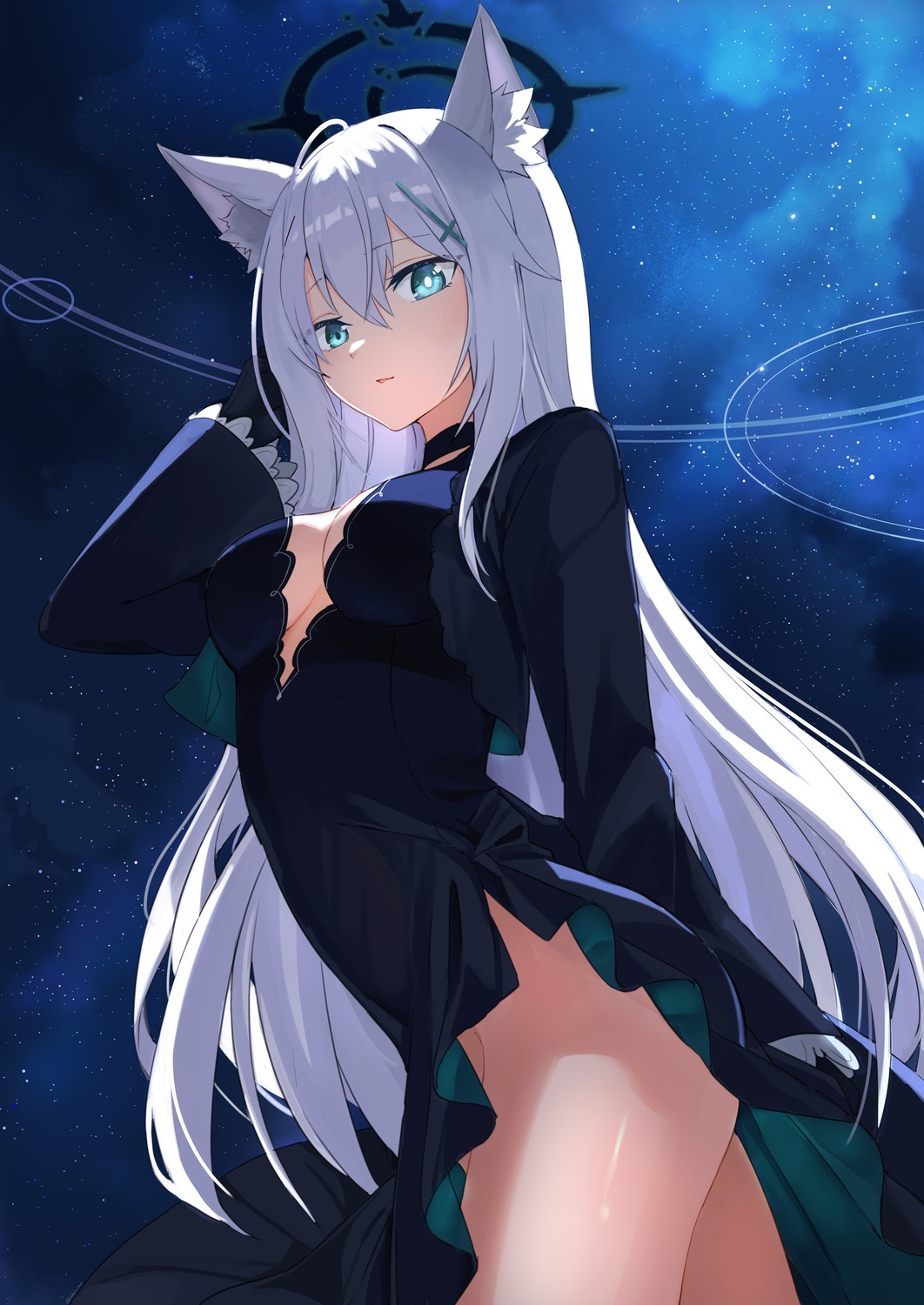 animal_ears blue_archive cleavage dress feza_chen_(ushaku) halo nekomimi no_bra nopan shiroko_terror sunaookami_shiroko