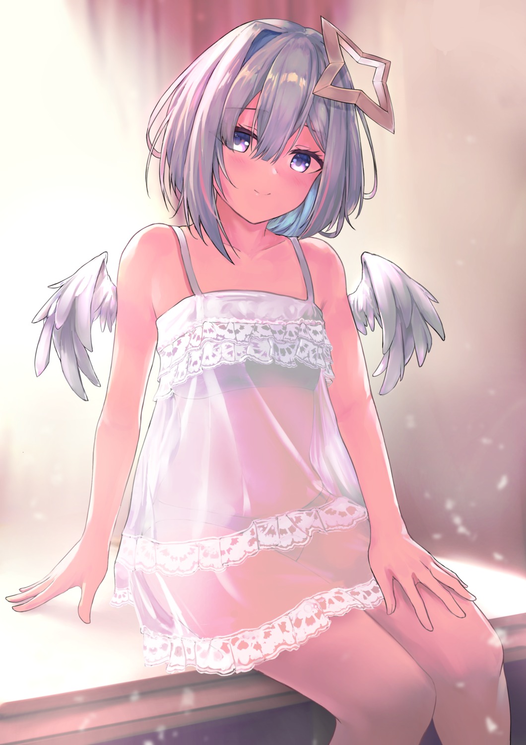 amane_kanata angel artist_revision bra dress hololive namake_(nmk44300) pantsu see_through wings