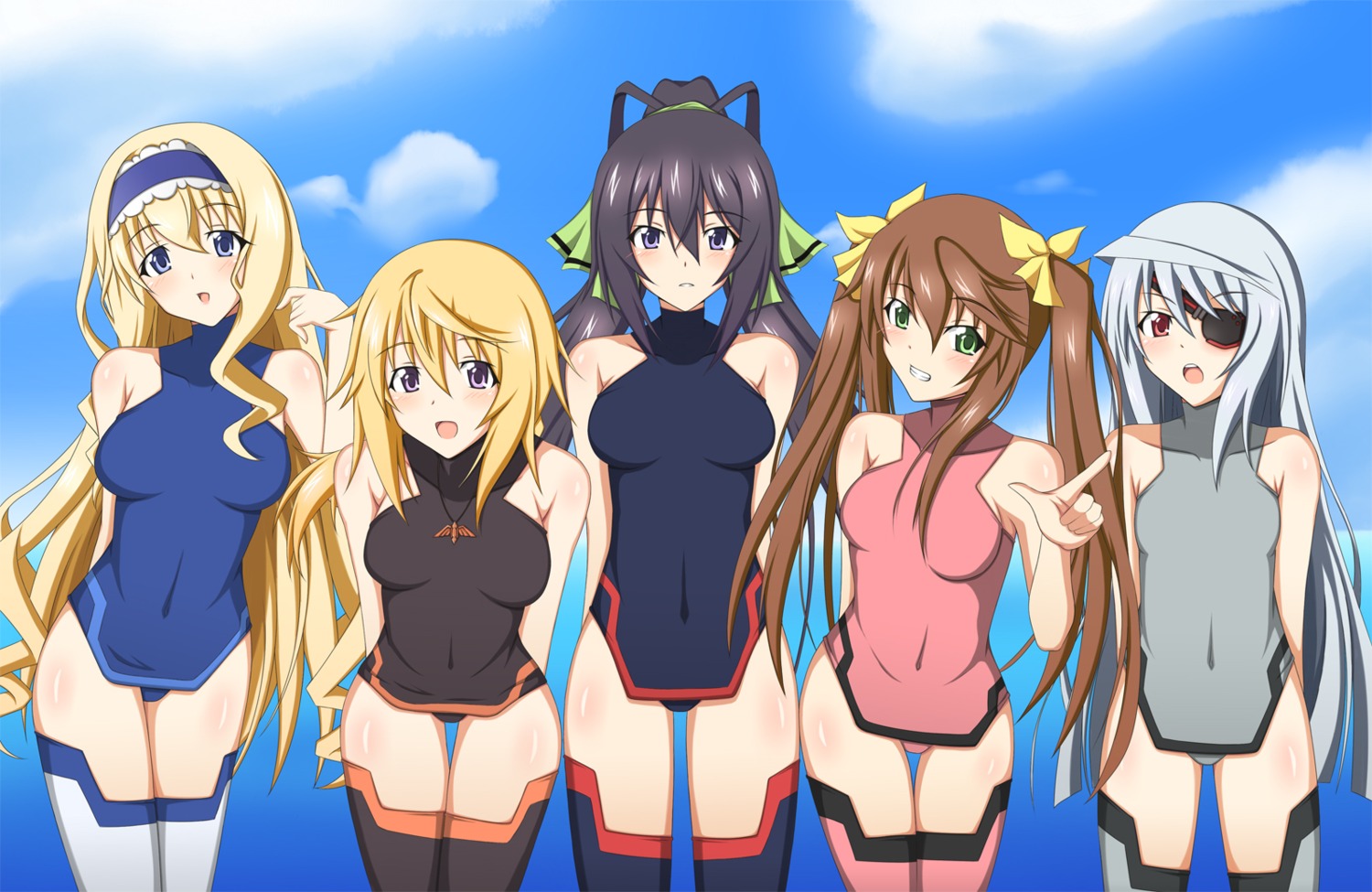 asakura_nagi bodysuit cecilia_alcott charlotte_dunois eyepatch huang_lingyin infinite_stratos laura_bodewig shinonono_houki thighhighs