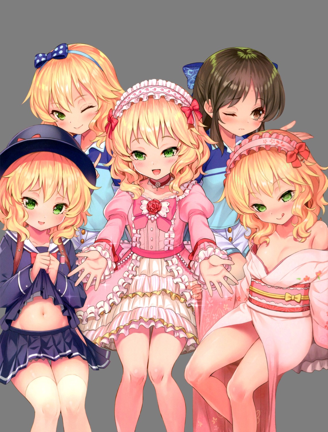 cleavage dress gothic_lolita horizontal_world loli lolita_fashion matanonki no_bra open_shirt sakurai_momoka_(idolm@ster) seifuku shirt_lift tachibana_arisu the_idolm@ster the_idolm@ster_cinderella_girls the_idolm@ster_cinderella_girls_u149 thighhighs transparent_png yukata