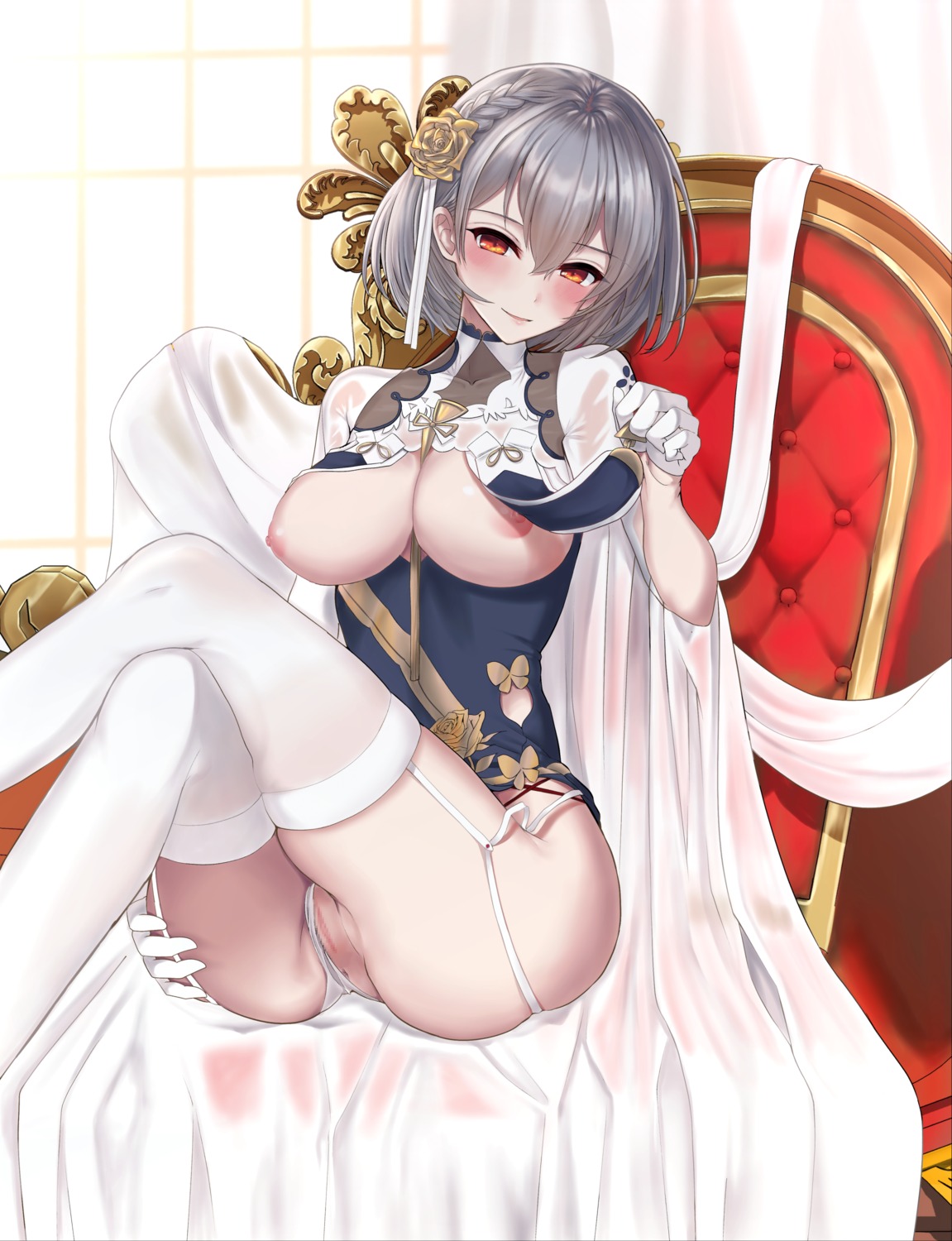 anus asian_clothes azur_lane breasts censored minki_shu nipples no_bra pantsu pussy sirius_(azur_lane) stockings thighhighs thong