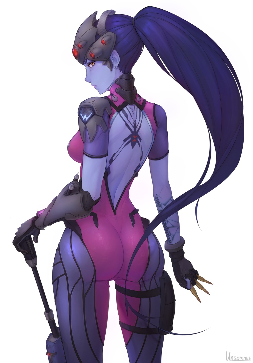 ass bodysuit garter gun no_bra overwatch tattoo unsomnus weapon widowmaker