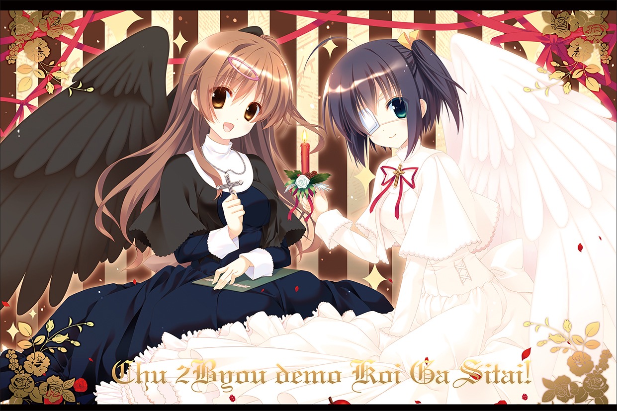 chuunibyou_demo_koi_ga_shitai! dress eyepatch hatori_piyoko nibutani_shinka takanashi_rikka wings