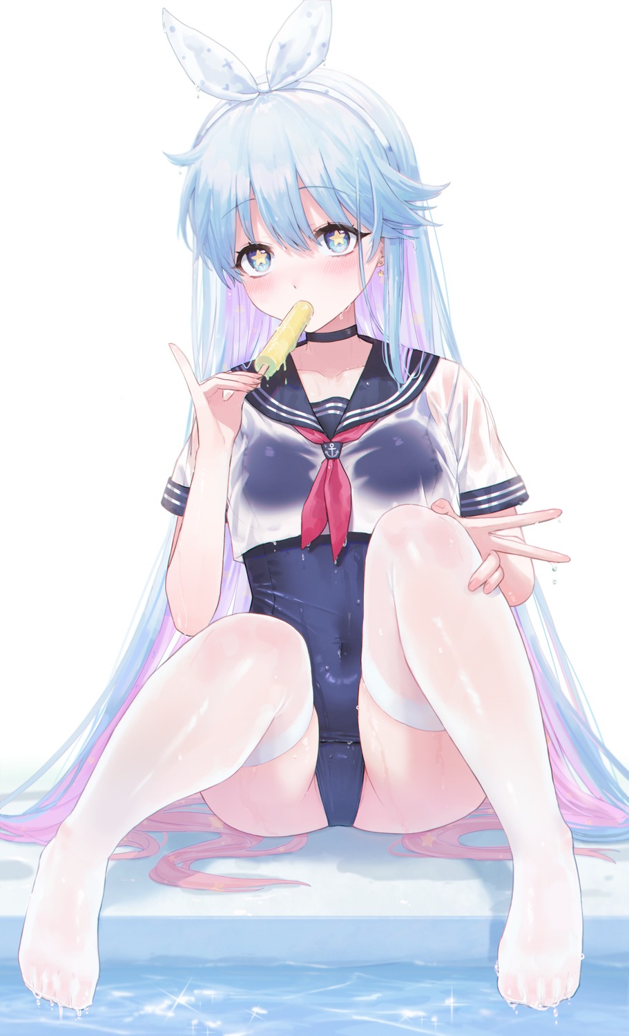 closers feet merumeko mirae_(closers) see_through seifuku swimsuits thighhighs wet wet_clothes