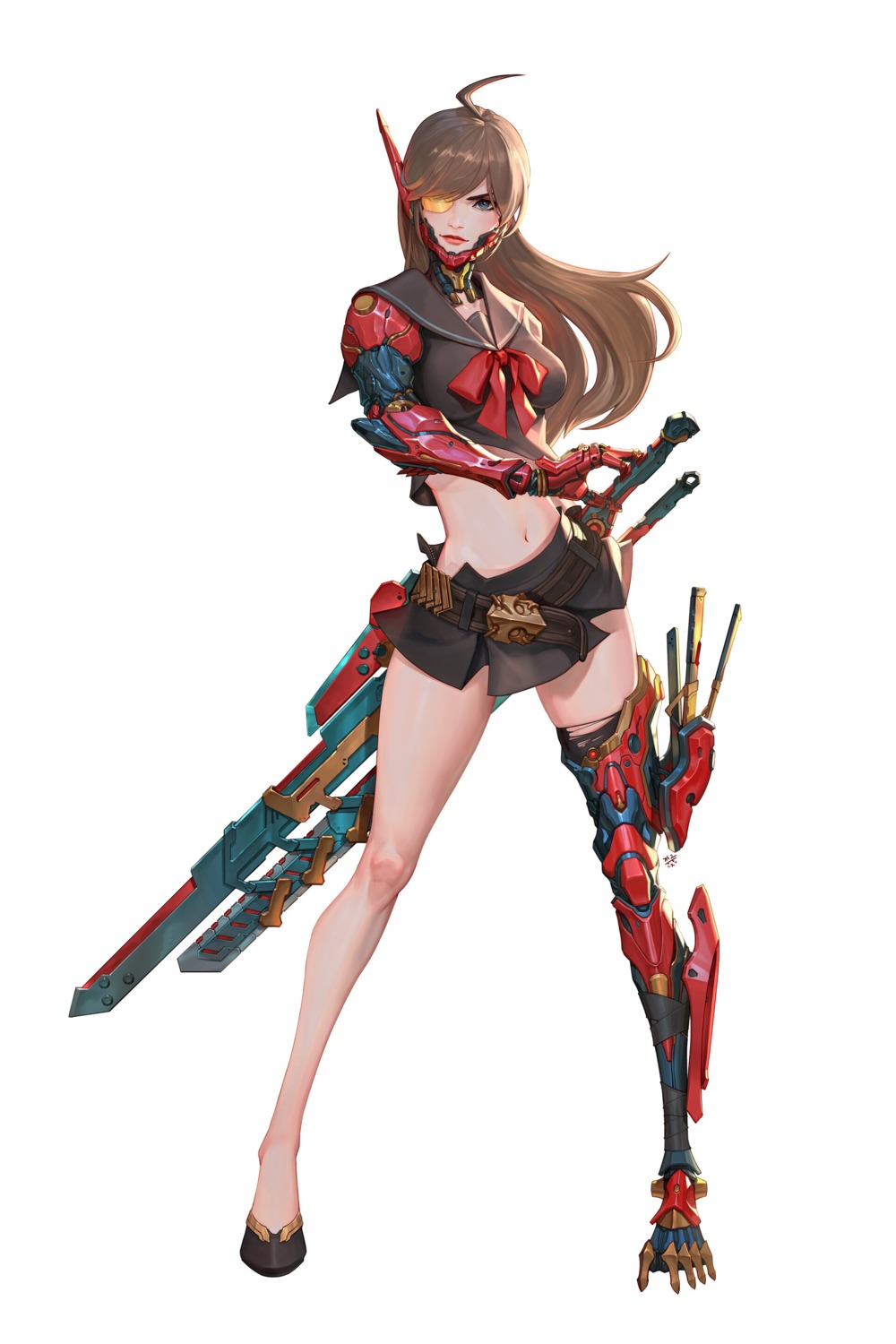 daejun_park eyepatch mecha_musume seifuku sword