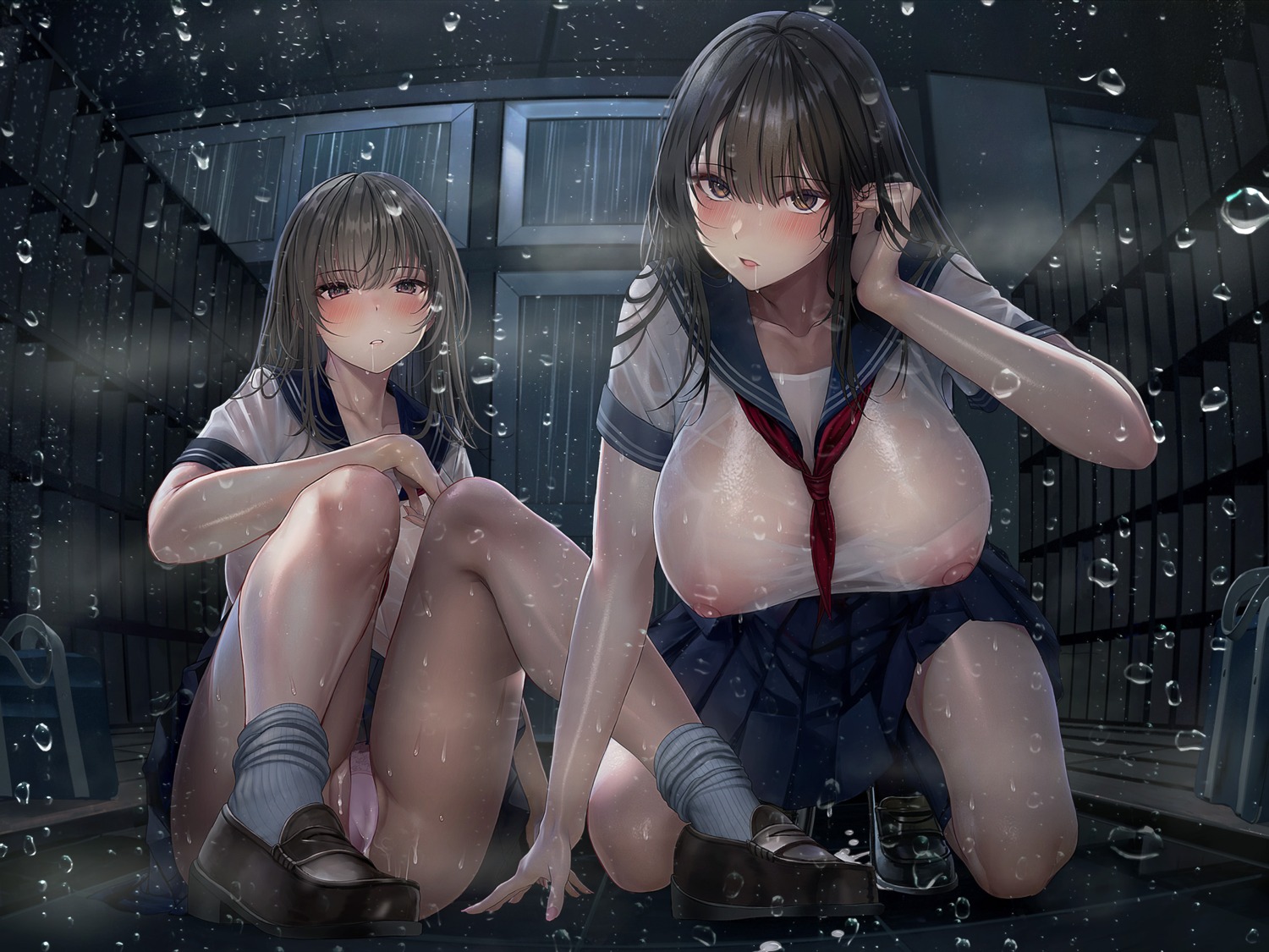 cameltoe cum nipples no_bra pantsu see_through seifuku shiroiruka skirt_lift thong wet wet_clothes