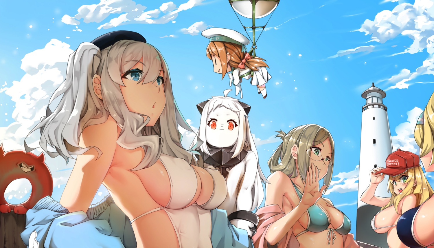 bikini_top cleavage erect_nipples error_musume gambier_bay_(kancolle) horns kantai_collection kashima_(kancolle) megane open_shirt swimsuits zuoteng_lucha