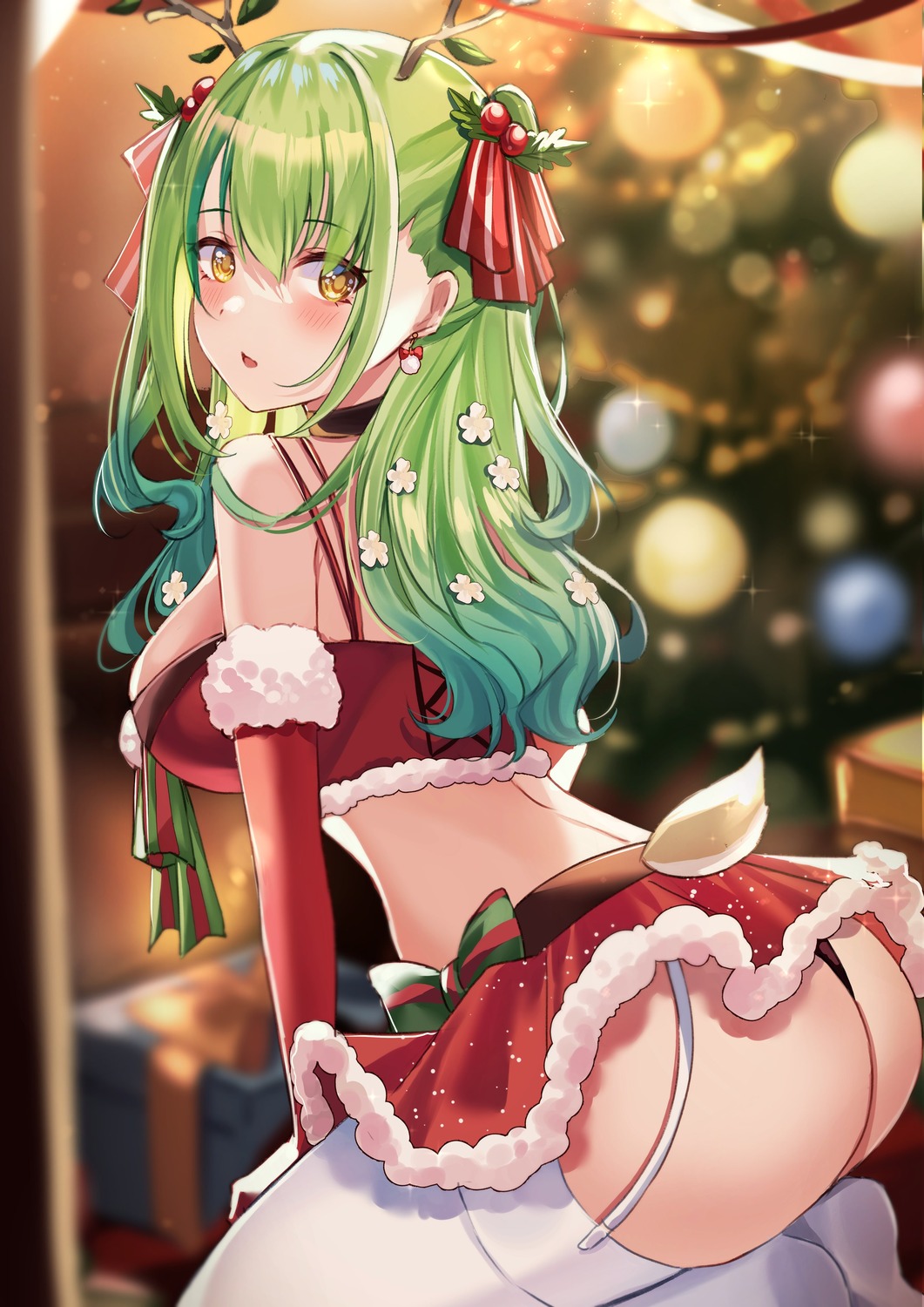 animal_ears ass ceres_fauna christmas hololive hololive_english horns pantsu skirt_lift stockings tagme tail thighhighs thong