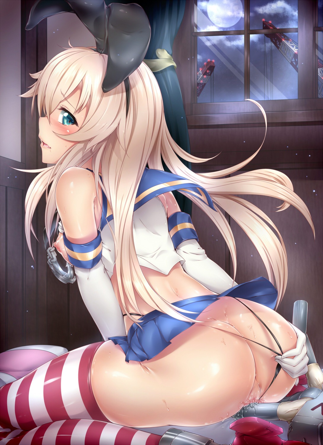 ass breasts kantai_collection masturbation nipples no_bra pantsu panty_pull pussy pussy_juice rensouhou-chan shimakaze_(kancolle) shirasaki_aloe shirt_lift skirt_lift thong