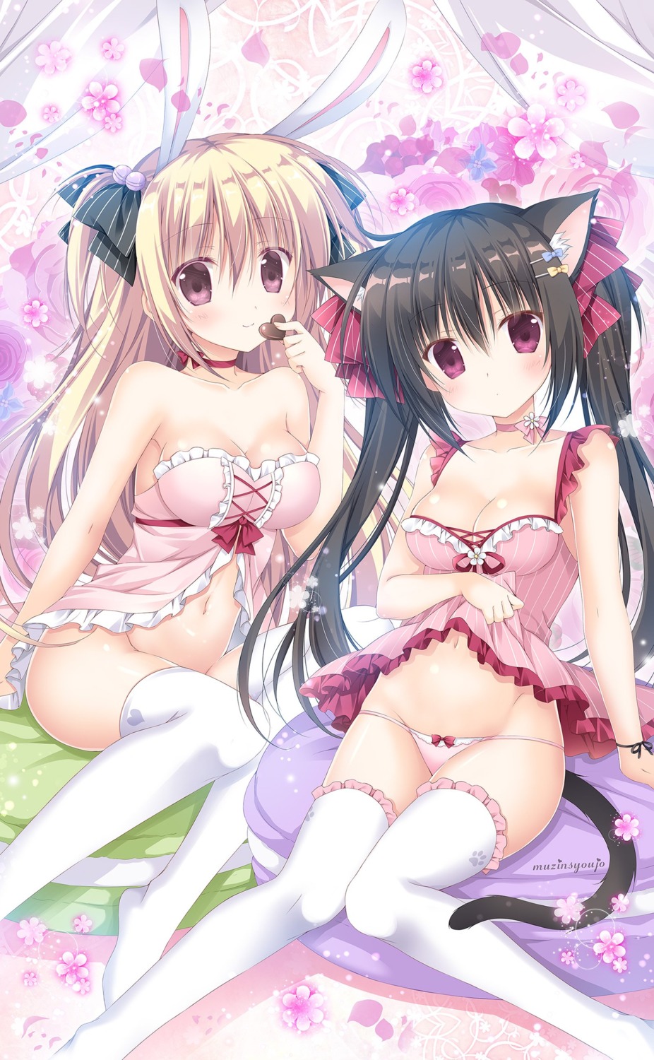 animal_ears bottomless bunny_ears cleavage korie_riko lingerie nekomimi pantsu skirt_lift tail thighhighs