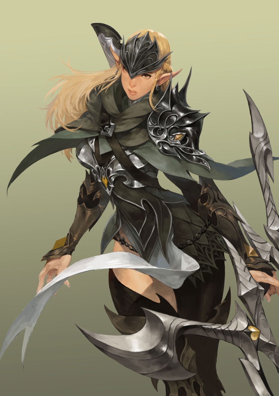armor hundred_soul oh_jinwook pointy_ears thighhighs weapon