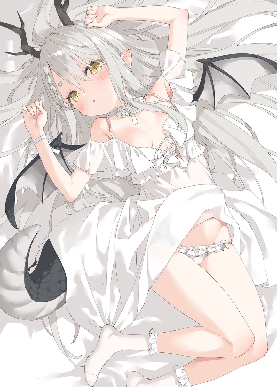 dress horns kani_biimu loli no_bra pantsu pointy_ears see_through skirt_lift summer_dress tail wings