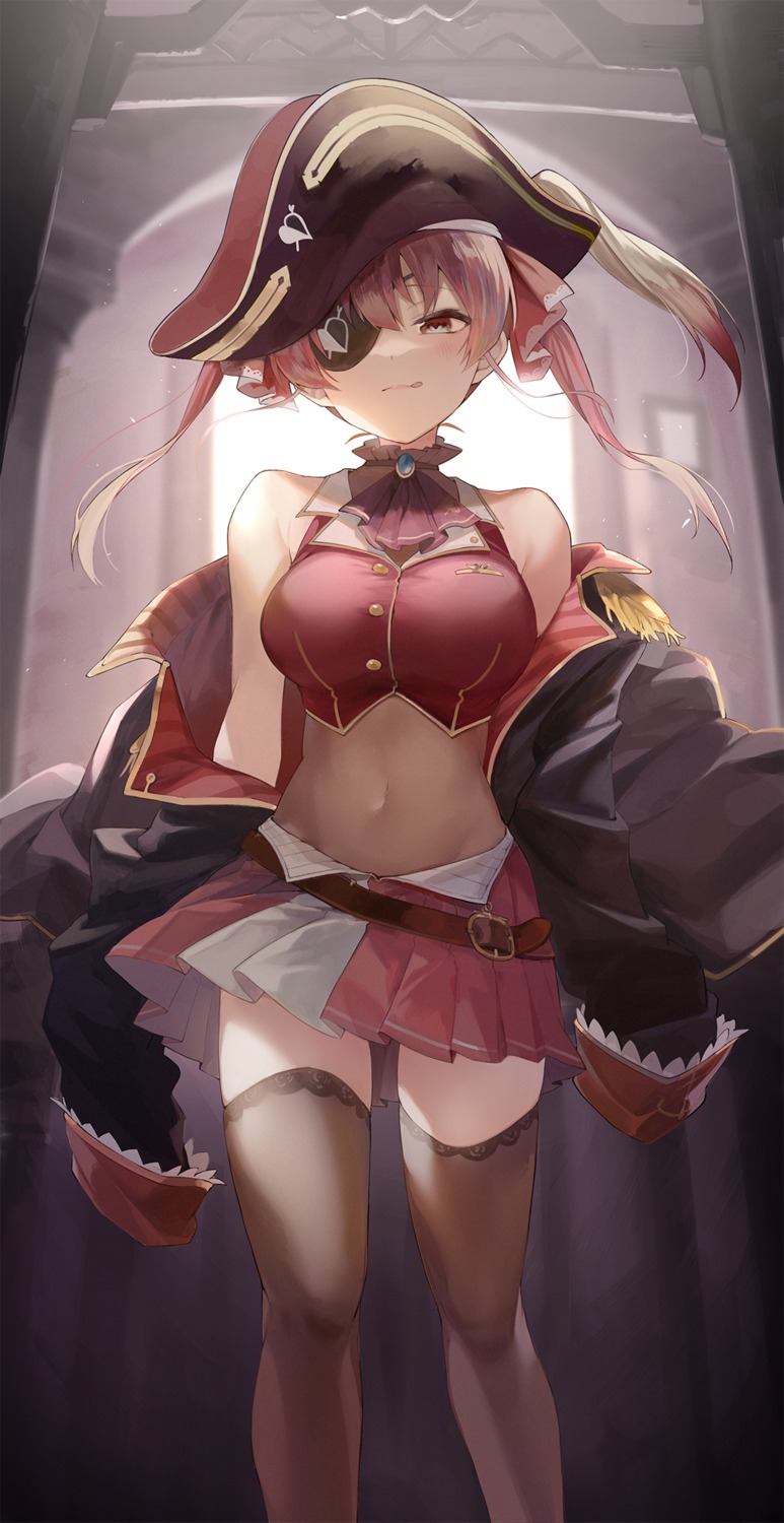 eyepatch hololive houshou_marine pirate skirt_lift thighhighs yuki_(popopo)