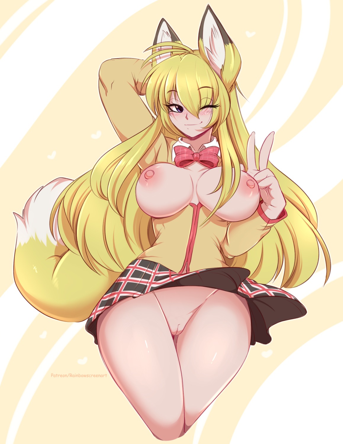 animal_ears breasts kanokon kitsune minamoto_chizuru nipples no_bra nopan open_shirt pussy rainbowscreen seifuku skirt_lift tail uncensored