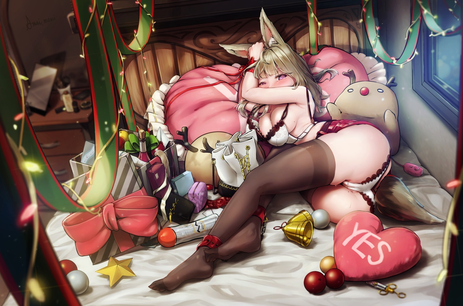 amamami_prime animal_ears areola bondage bra cameltoe christmas feet pantsu skirt_lift tail thighhighs