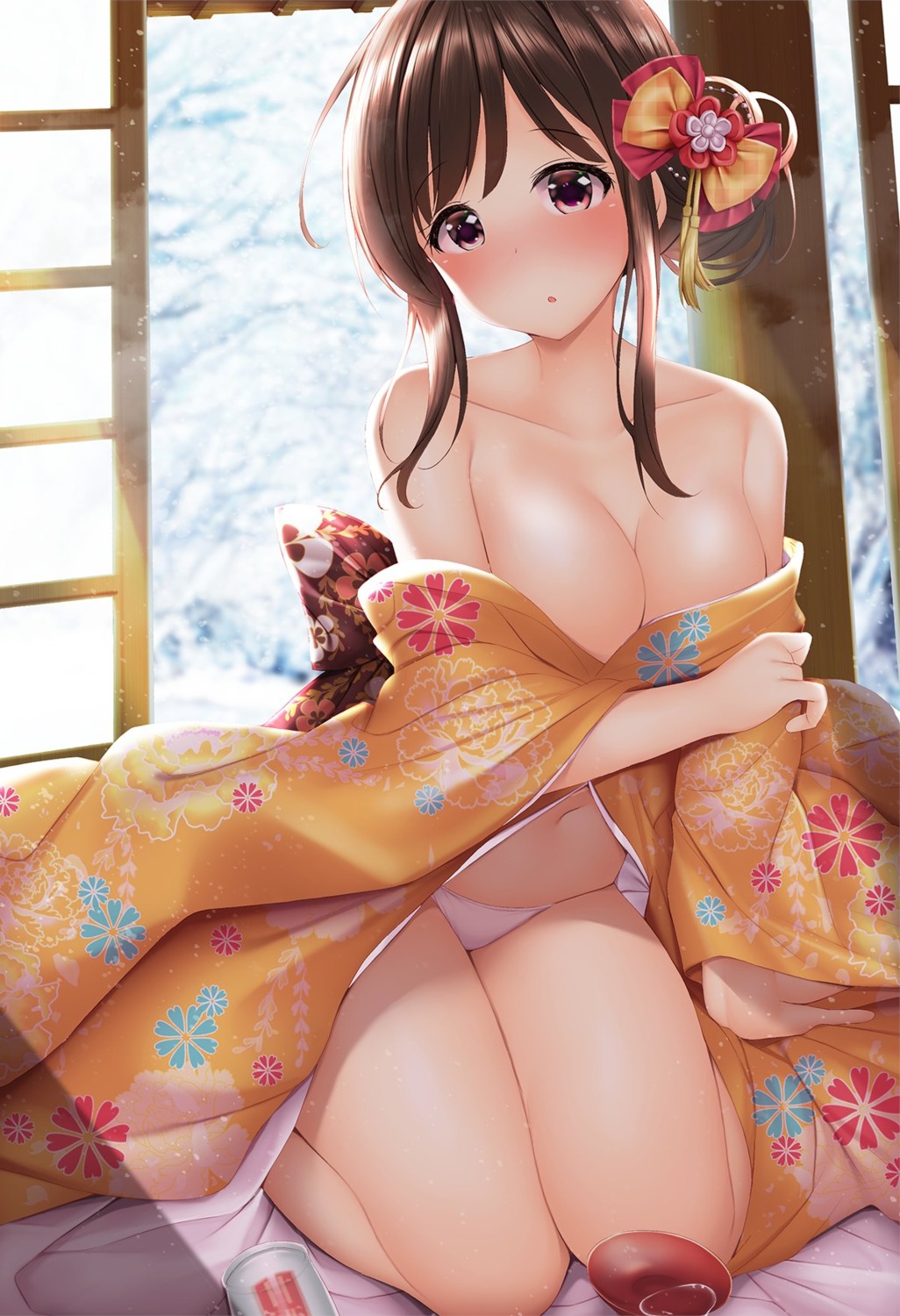 breasts kimono minato_ojitan no_bra open_shirt pantsu undressing