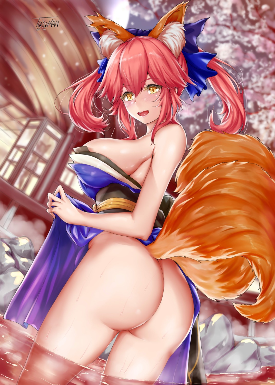 animal_ears ass fate/grand_order japanese_clothes kitsune no_bra nopan onsen skirt_lift tail tamamo_no_mae toyoman wet