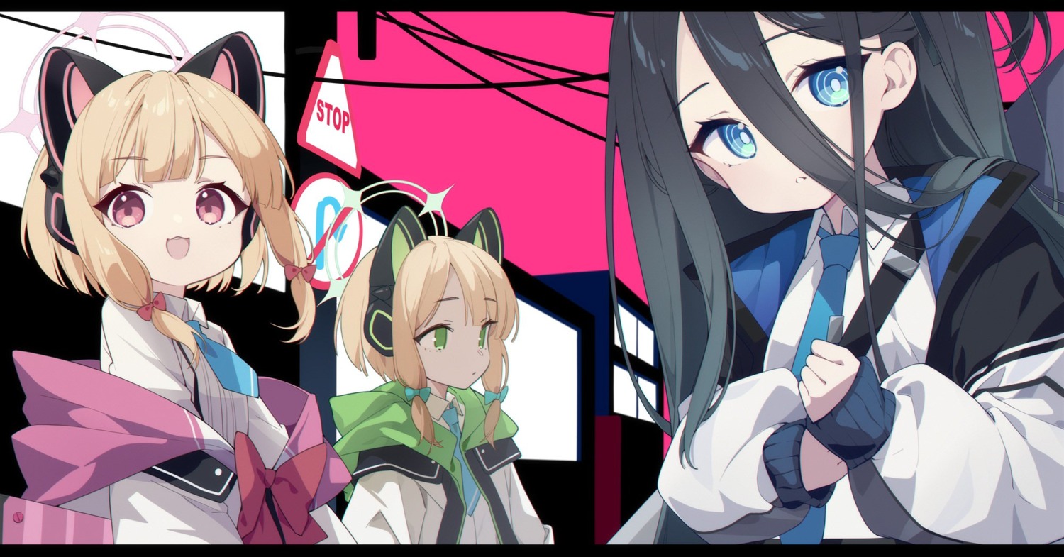 animal_ears blue_archive fukurou_(hvgd5584) headphones nekomimi saiba_midori saiba_momoi seifuku tendou_arisu