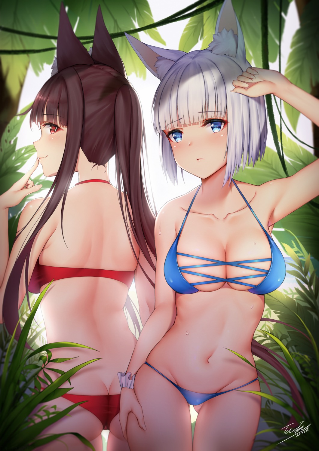 akagi_(azur_lane) animal_ears ass azur_lane bikini cleavage kaga_(azur_lane) swimsuits taitai