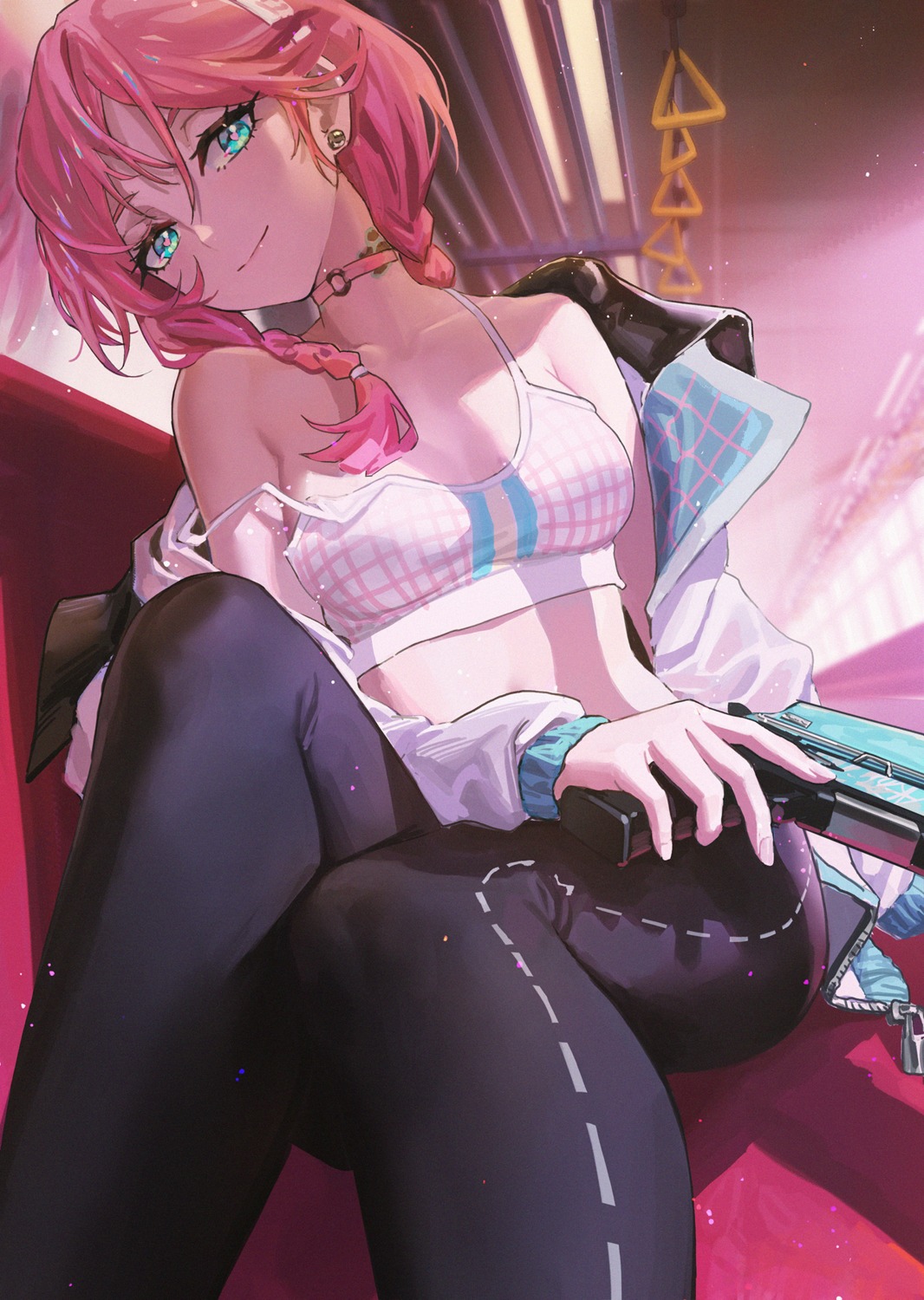 arknights blue_poison_(arknights) bra gun open_shirt tagme