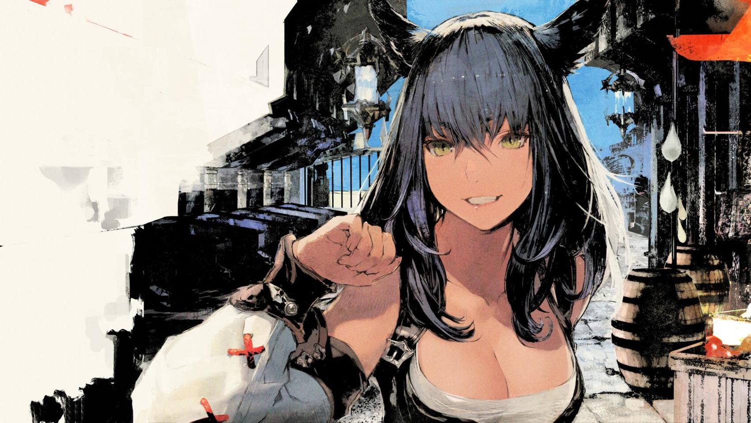 animal_ears cleavage final_fantasy final_fantasy_xiv miqo'te taiki_(luster)