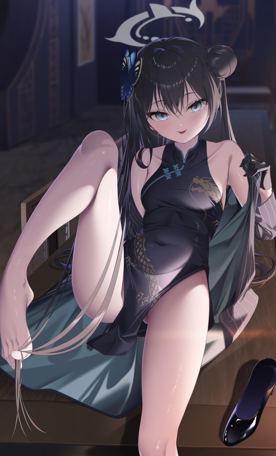 blue_archive chinadress ekidona feet halo loli no_bra nopan ryuuge_kisaki undressing