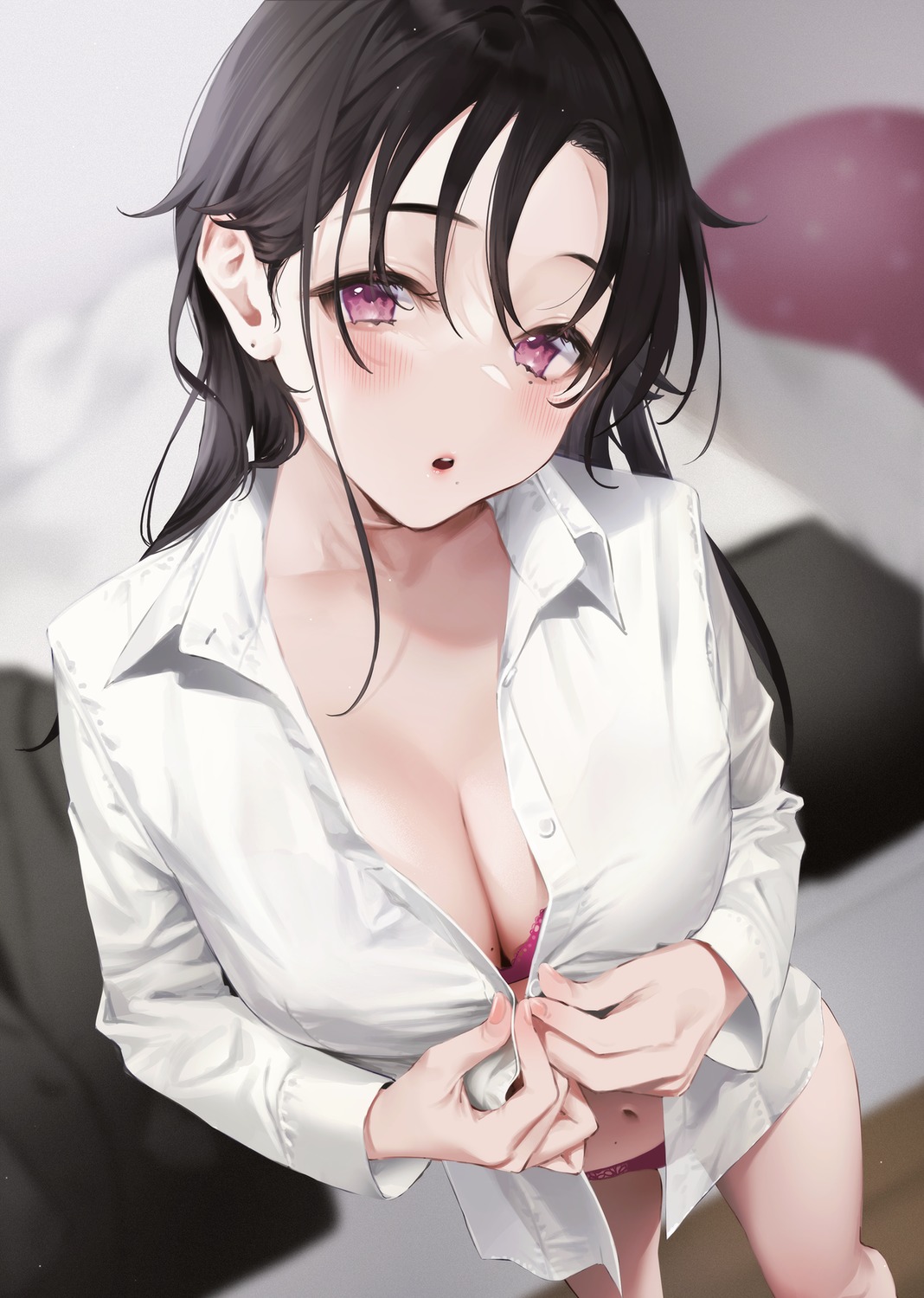 bra dress_shirt mugika open_shirt pantsu see_through undressing