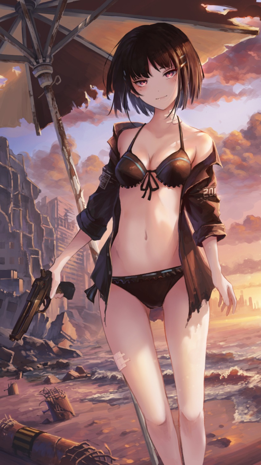 bandaid bikini gun open_shirt swimsuits tagme