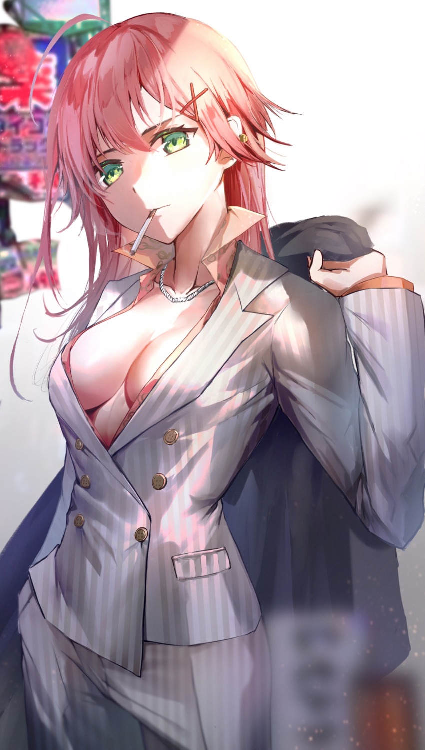 business_suit hololive lims_(neko2lims) no_bra open_shirt sakura_miko smoking