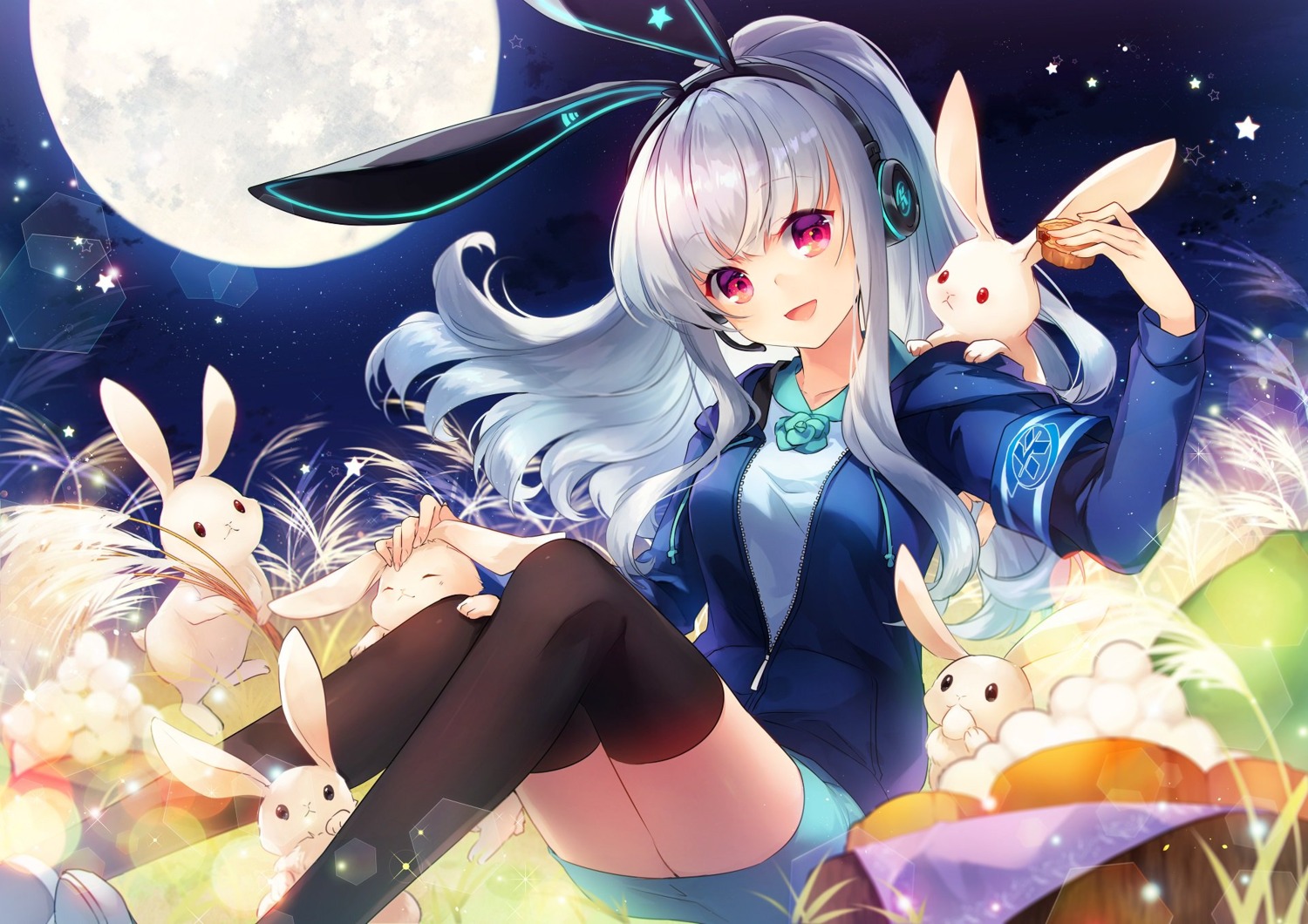 animal_ears bunny_ears headphones k.r.t.girls nana_(k.r.t.girls) shinia thighhighs