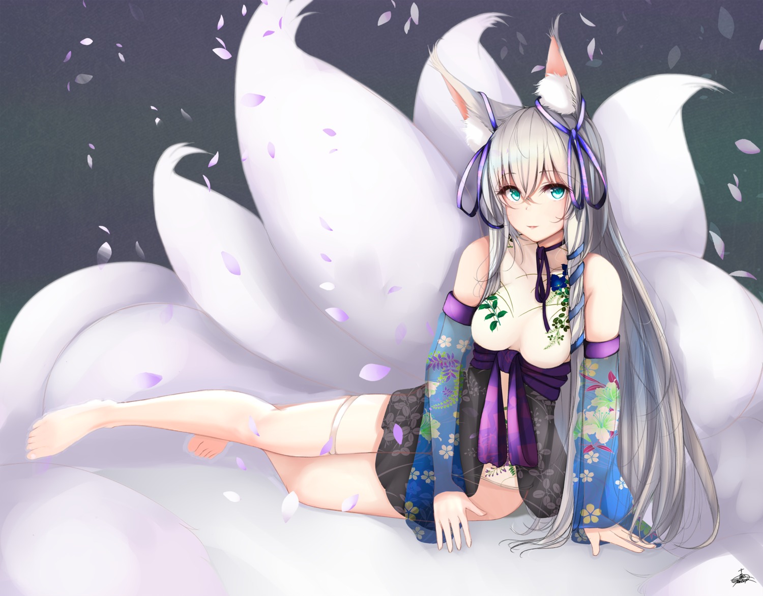 animal_ears garter japanese_clothes kitsune pantsu see_through suzume_(simple0091) tail