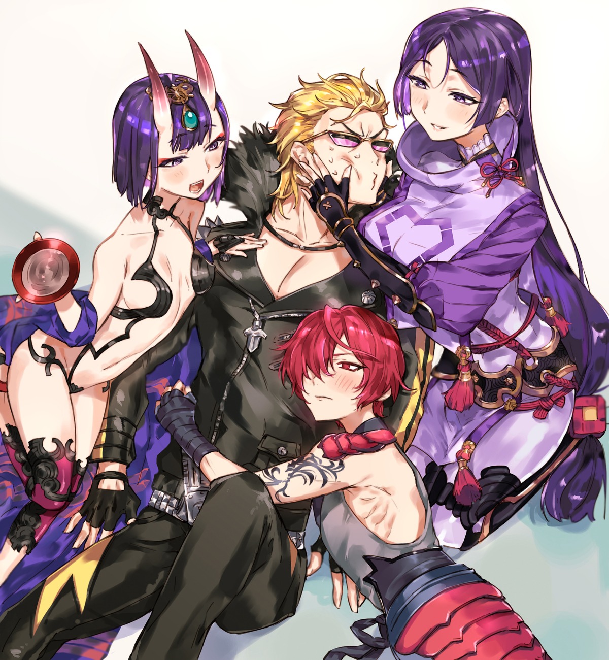 bodysuit fate/grand_order fuuma_koutarou_(fate/grand_order) horns japanese_clothes minamoto_no_raikou_(fate/grand_order) nekoyashiki_pushio no_bra open_shirt sakata_kintoki_(fate/grand_order) shuten_douji_(fate) tattoo thighhighs yaoi